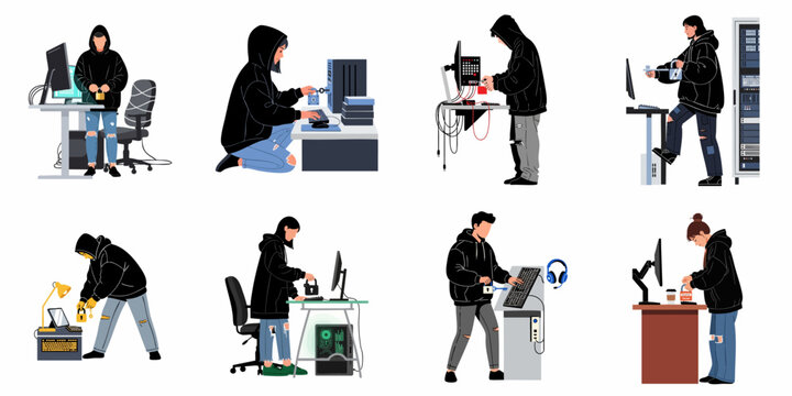 Collection of Hacker Character Illustrations Showing Cybercriminals in Black Hoodies Working on Computers and Servers to Breach Data Security