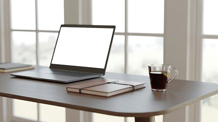 Fototapeta premium Modern laptop with blank screen on a dark wooden desk and coffee by a large window