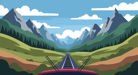 Train journey through majestic mountains and green valleys, adventure travel. © Farid
