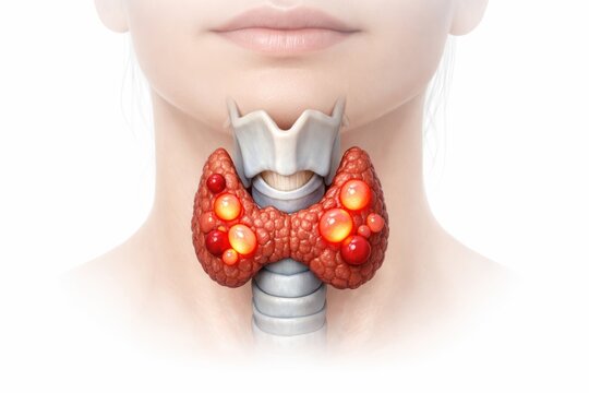 3D medical visualization of thyroid gland exhibiting multiple localized nodules with localized diagnostic glow inside ghostly neck outline clinical render