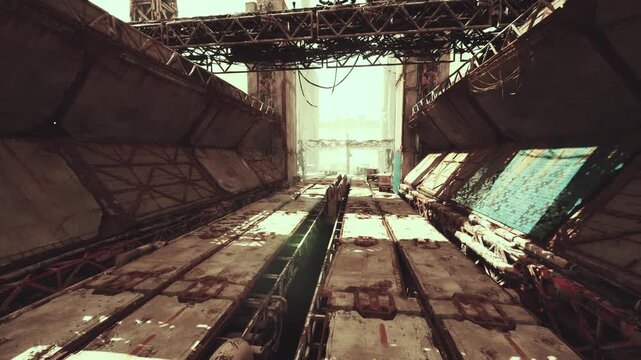 desolate industrial corridor flooded with light, empty transit shaft lined with rusty rails and concrete banks slow push reveals maintenance drone tracks,