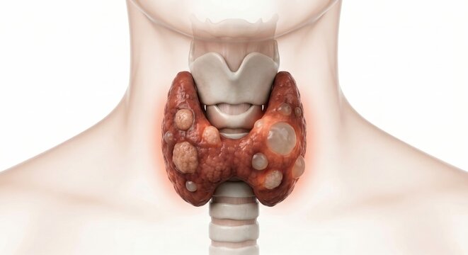 Hyper-realistic 3D medical visualization of thyroid gland exhibiting multiple localized nodules with localized diagnostic glow inside ghostly neck outline clinical render