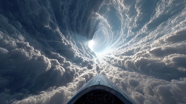 Pilot views swirling clouds above airplane cockpit during flight over an open sky