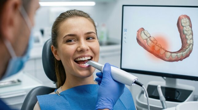 Advanced orthodontic digital impression process showing a real-time 3D teeth and jaw scan and highlighted alignment correction areas on a monitor for modern dental treatment