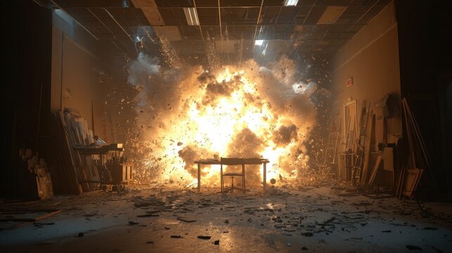 Explosion occurs in workshop, showing flying debris and flames in action during a controlled event at a training facility in the evening