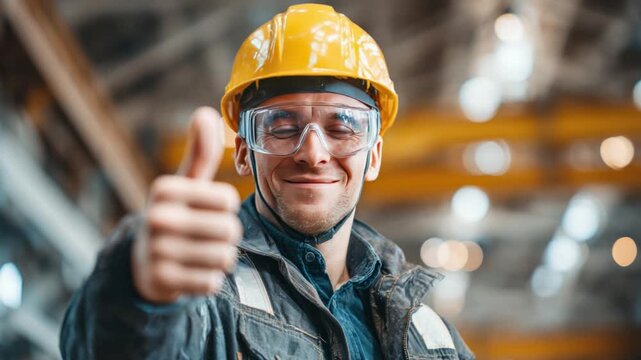 Optimistic Constructor: A construction worker, wearing a protective helmet and safety glasses, gives a thumbs up, a gesture of positivity and approval within an industrial setting.