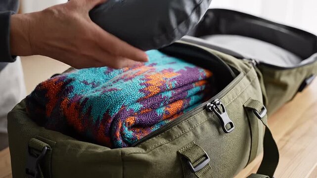 Senior Person Packing Green Duffle Bag with Travel Essentials