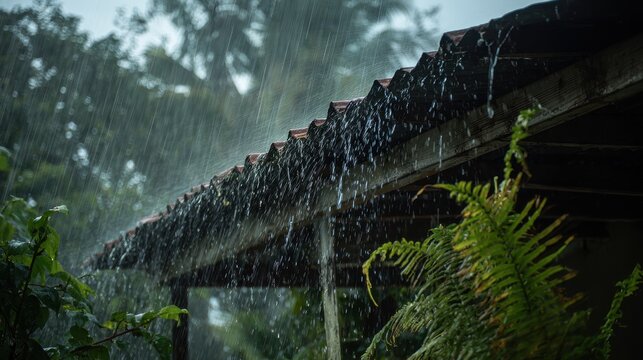 Heavy rain falls on a rustic roof while water drips from the edges during a tropical downpour in a garden setting