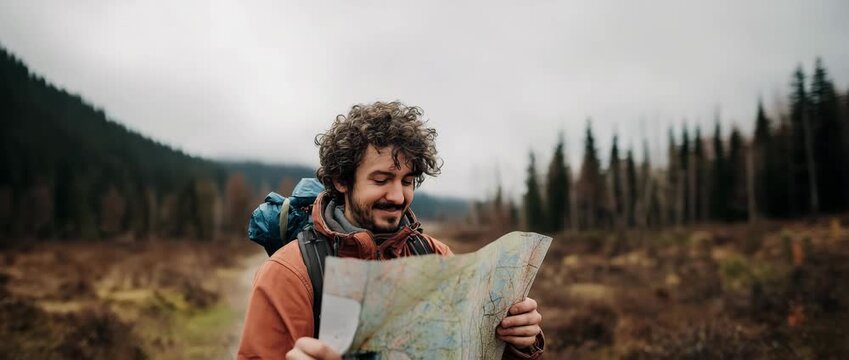 A smiling male hiker carrying a backpack while holding a map on a forest trail, exploring nature
