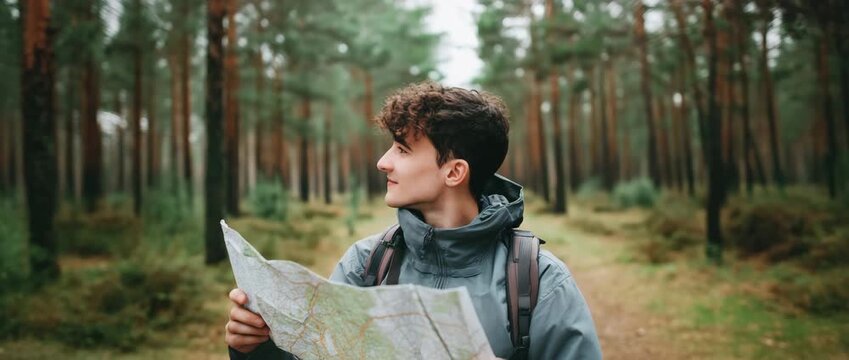 A smiling male hiker carrying a backpack while holding a map on a forest trail, exploring nature
