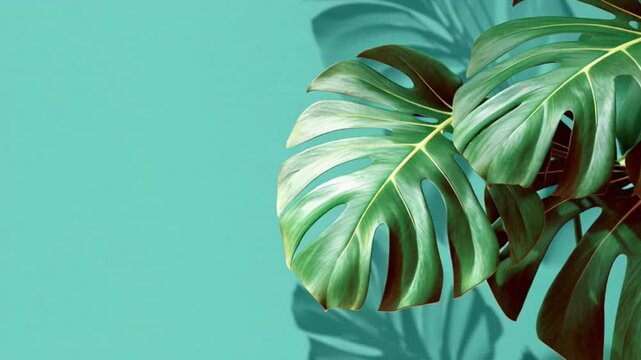 Lush green tropical Monstera foliage with elegant shadows against a modern mint background, perfect for a vibrant natural design concept