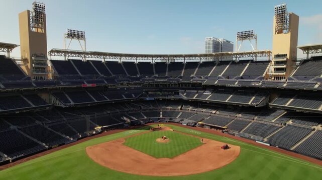 Drone footage pulling back from inside Petco Park stadium.