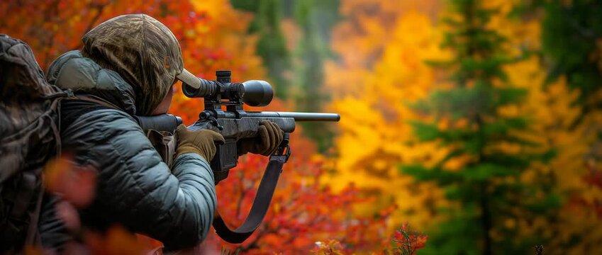 A hunter in outdoor gear aims a scoped rifle while positioned in a forest during autumn, wilderness activity.
