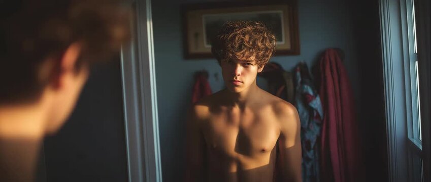 Teen boy checking body in mirror.