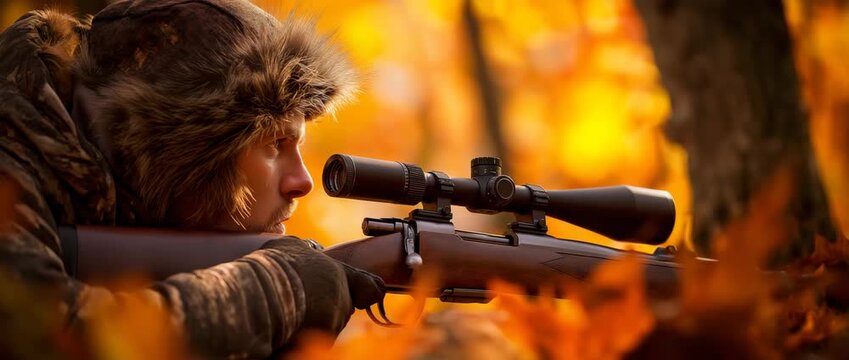 A hunter in outdoor gear aims a scoped rifle while positioned in a forest during autumn, wilderness activity.