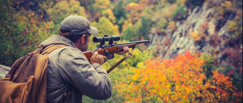 A hunter in outdoor gear aims a scoped rifle while positioned in a forest during autumn, wilderness activity.