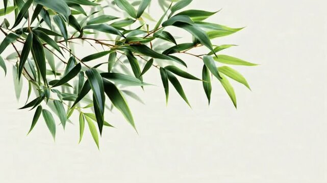 Vibrant green bamboo leaves gently swaying against a serene, light background, embodying natural tranquility and botanical freshness for calm designs