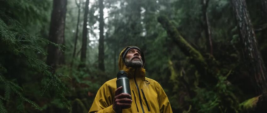 A man wearing a raincoat stands in a rainy forest, looking upward while holding a thermos