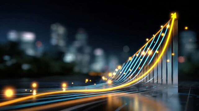 Ascending Graph of Success: A dynamically lit graph depicting upward progress with a trail of luminous lights, set against a blurred city backdrop, symbolizing growth and ambition.