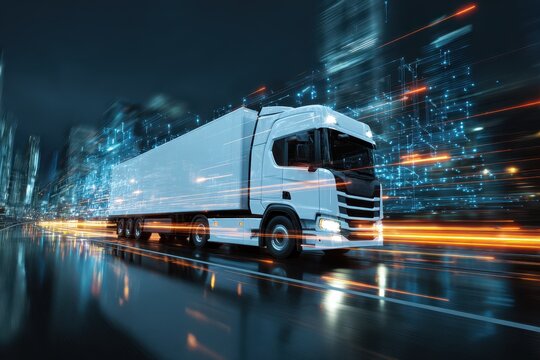 Nighttime city scene with a white truck driving through glowing streets in a busy urban setting