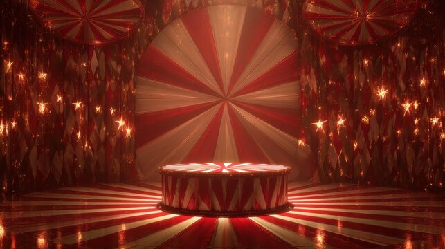 Setting of a circus stage with red and white colors and lights in a performance area with a round platform