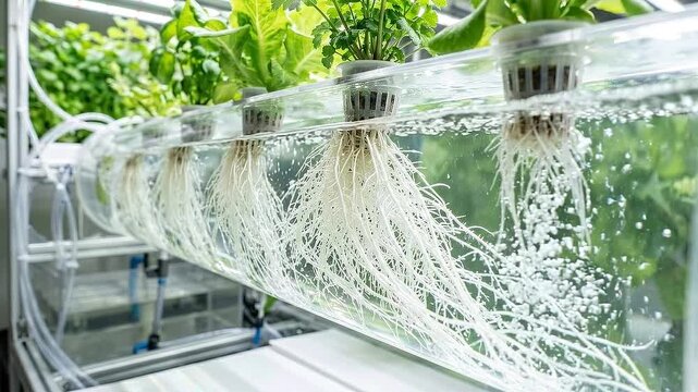 Regenerative hydroponic agriculture technology hydroponic lettuce roots visible clear nutrient reservoir showing white roots and green leaves indoor