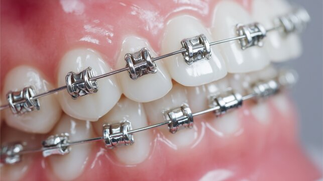 orthodontic braces on teeth close up metal brackets and wires detailed macro shot