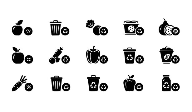 Food waste and sustainability icon set with recycle compost and trash symbols in black vector design