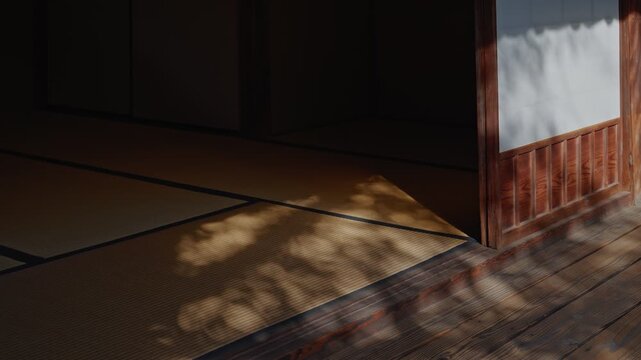 A serene close-up shot showing soft natural sunlight filtering through leaves to cast intricate wood patterns (Komorebi) across a traditional tatami mat floor and wooden veranda.