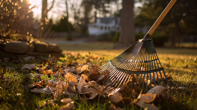 Raking fallen leaves in a yard during early spring with fresh green grass