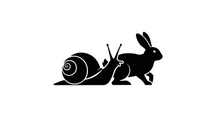 Black silhouette of a snail riding on the back of a rabbit, symbolizing speed and slowness. © Calista