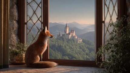 Obraz premium Fox sits by window looking at castle in distance during sunset in a mountain landscape