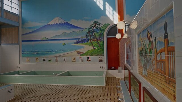 Interior of a retro Japanese public bathhouse featuring a large hand-painted mural of Mt. Fuji, tiled bathtubs, and classic Showa era architecture.