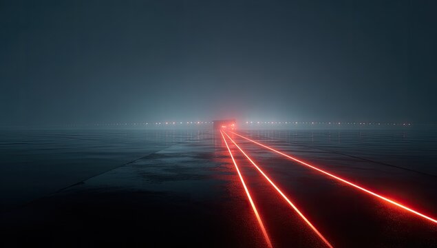 Abstract Red Laser Beams Cutting Through Dark Misty Atmosphere.