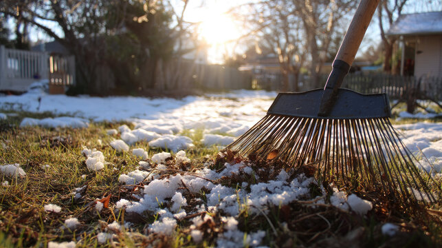 Yard cleanup with a rake on grass with patches of snow and debris