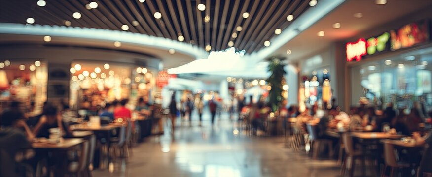 Blurry image of a busy food court inside a modern shopping mall with people dining.
