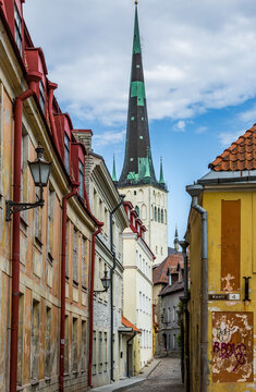 Historic Old Town Street with St. Olaf Church, Tallinn Estonia