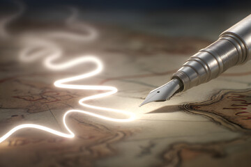 Fototapeta premium Fountain pen draws a glowing, wavy path on a vintage map, symbolizing journey, strategy, or creative direction.