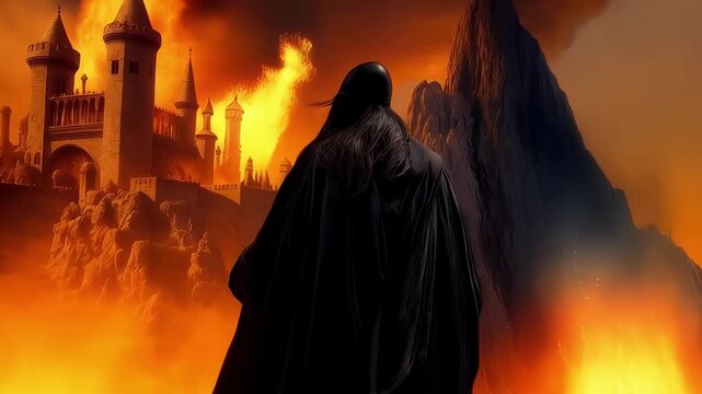 A wizard in a black robe looks at a burning castle, flames and smoke floating in the fire