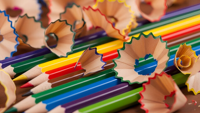 Colorful pencils with sharpened tips and shavings scattered around