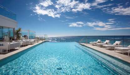 Fototapeta premium Luxury Infinity Pool Overlooking the Ocean on a Sunny Day.
