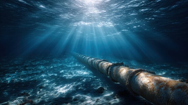 Underwater view of a long pipeline with sunlight shining through the water surface, surrounded by marine life