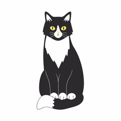 Obraz premium A stylized black and white cat with striking yellow eyes sits attentively