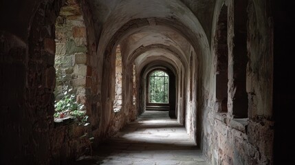 Obraz premium Old stone corridor with arches and window showing greenery