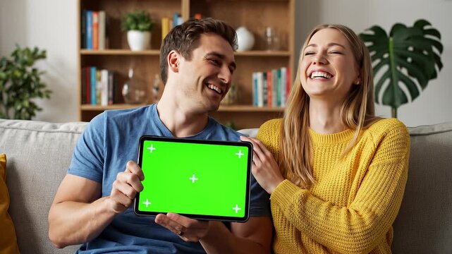 Couple using tablet with green screen in cozy living room setting