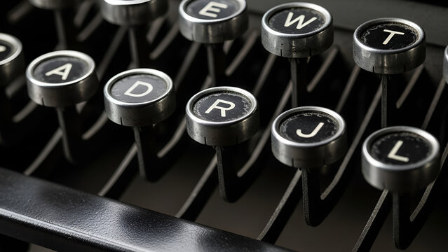 Close-up of vintage typewriter keys with letters on metal buttons