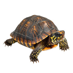 Obraz premium A turtle walks on a white surface showing its shell and limbs. The turtle has a patterned shell and brightly colored markings on its head and legs