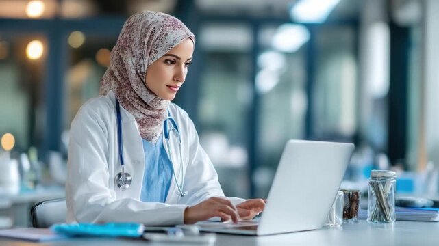 Digital diagnosis: A dedicated medical professional, draped in a delicate headscarf, intensely focused on a laptop. She embodies expertise.