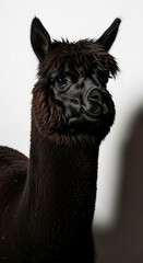 Fototapeta premium Close-up portrait of a black alpaca with dark, curly fur against a white background, symbolizing natural beauty and unique texture, perfect for animal or textile concepts, with free space