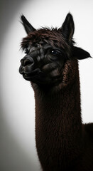 Fototapeta premium Close-up profile of a dark brown alpaca with shaggy fur against a soft white gradient, symbolizing nature, warmth, and gentle wildlife. Features ample space for text or design